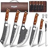 Huusk Butcher Knife Set, 8pcs Viking Chef Knife Set with Roll Bag, High Carbon Steel Forged Viking Knife, Meat Cleaver, Kitchen Knives Sets for Cooking Camping BBQ, Gift for Men Husband