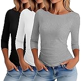 Ficerd 3 Pack Women's 3/4 Sleeve Boat Neck T Shirts Slim Fit Tight Basics Top Casual Comfy Tops