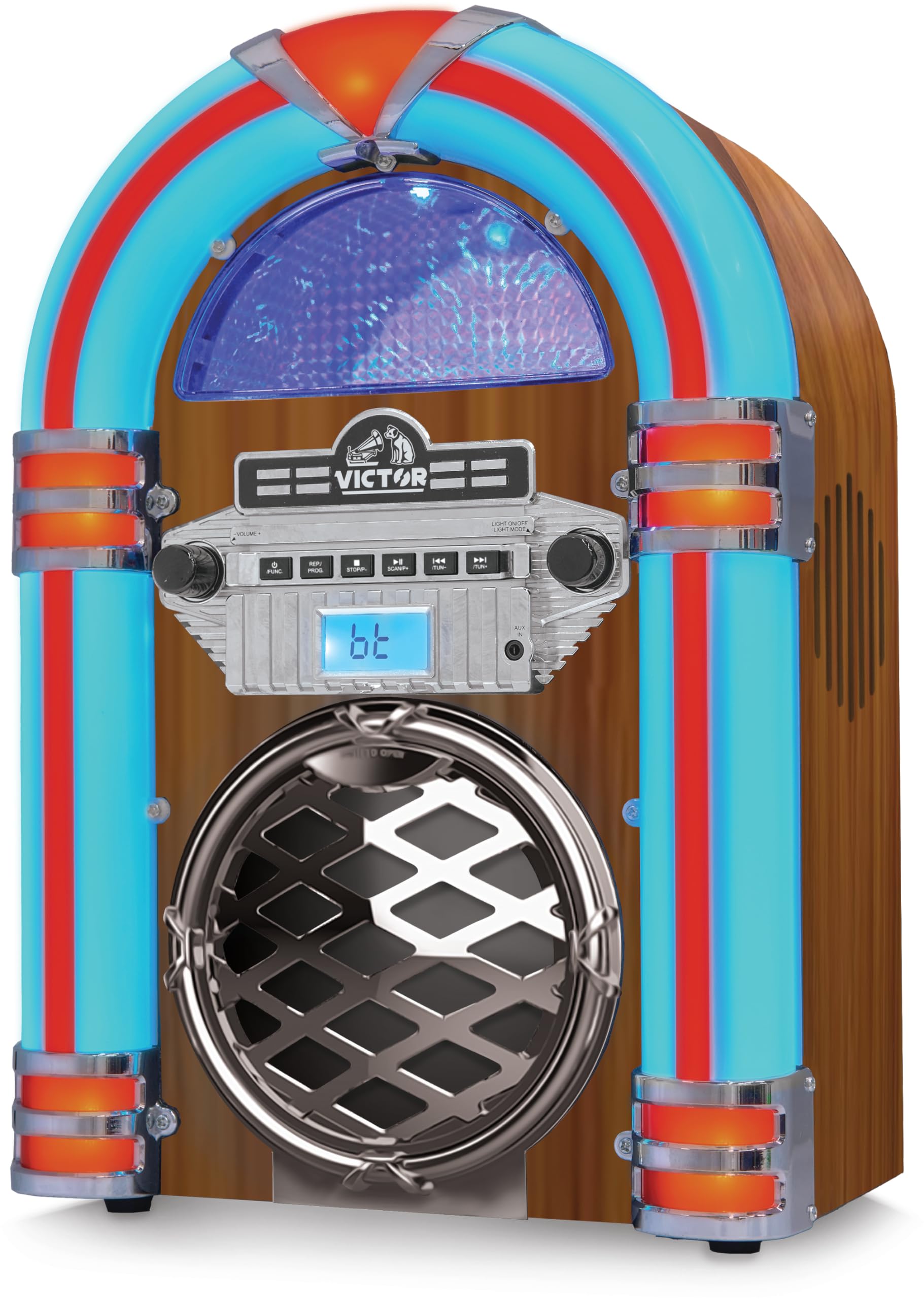 VICTOR VDTJ-1550 Broadway Desktop Bluetooth CD Jukebox Speaker with FM Radio, Multicolor LED Lighting, and Aux Input – Perfect for Retro-Style Music Streaming and Ambient Lighting