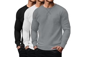 August Alley 3 Pack Men's Waffle Long Sleeve Shirts, Crew Neck Thermal Textured Underwear Tops Lightweight Pullover Sweaters