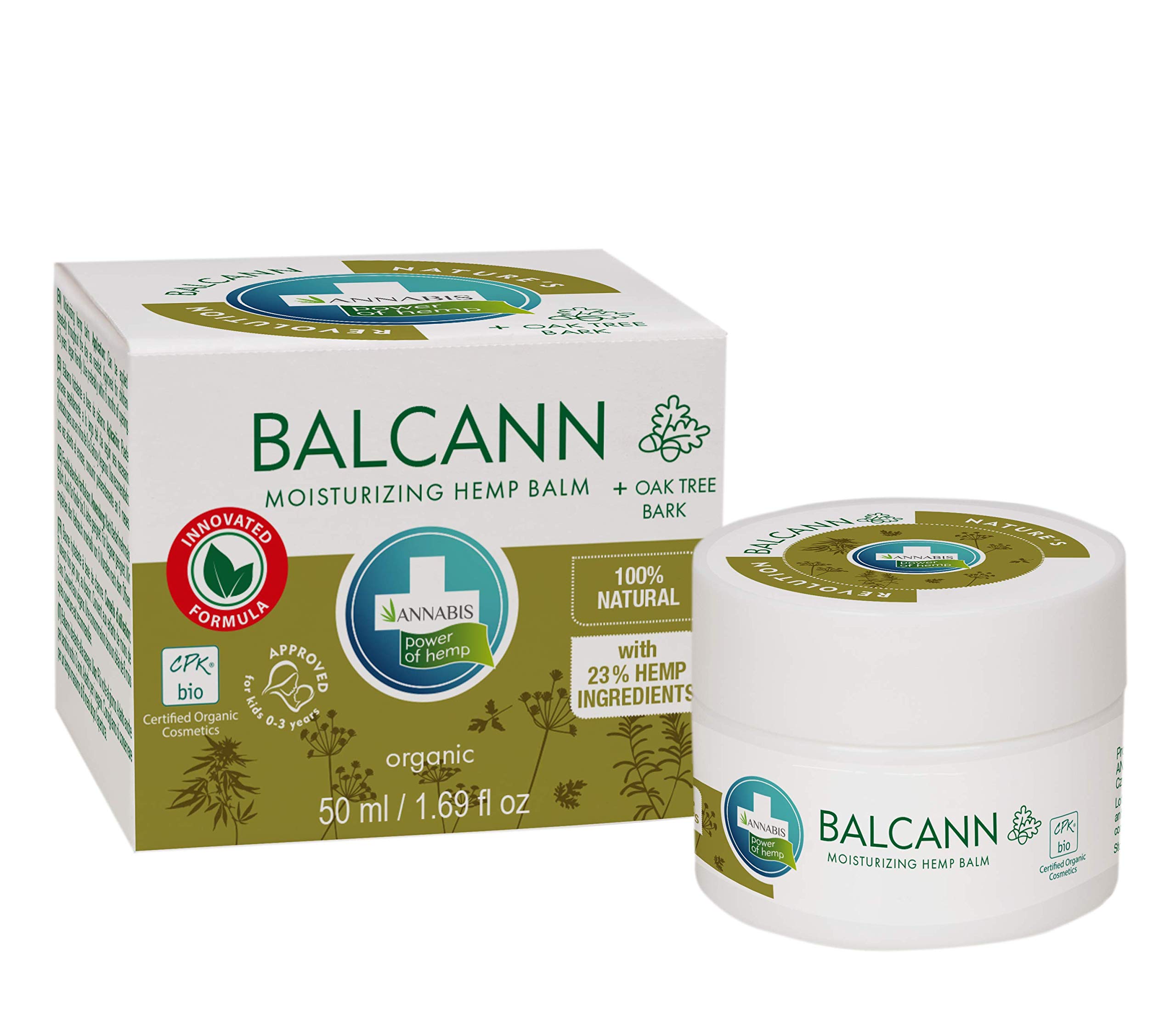 Balcann + Oak Bark Hemp Balm | Regenerating ointment for Dry, Irritated, Sensitive Skin | Mature skin hydration | Cracked heels | Rich in Hemp Seed Oil Content | by Annabis | 50 ml
