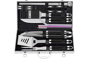 ROMANTICIST 25pcs Extra Thick Stainless Steel Grill Tool Set for Men, Heavy Duty Grilling Accessories Kit for Backyard, BBQ Utensils Gift Set with Spatula,Tongs in Aluminum Case for Birthday Black