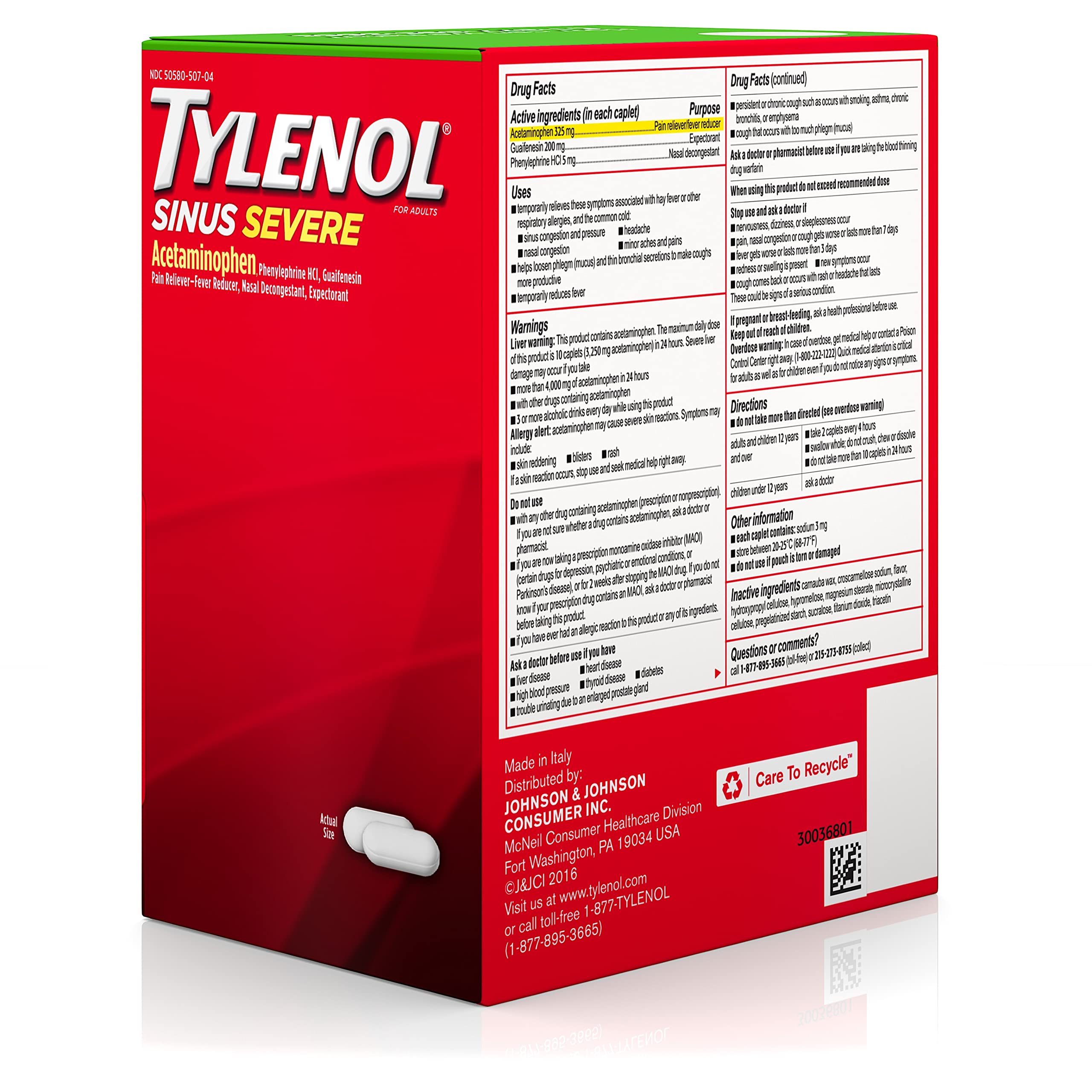 Tylenol Sinus Severe Daytime Caplets with Acetaminophen 325mg, Guaifenesin 200mg & Phenylephrine HCl 5mg, Non-Drowsy Pain Reliever, Expectorant & Nasal Decongestant, 50 Travel Packs of 2 ct