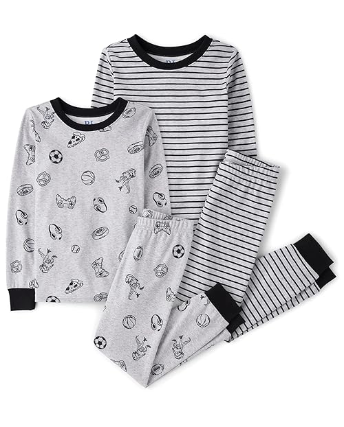 The Children's Place,Boys,100% Cotton Long Sleeve Top and Pants, 2 Piece Pajama Set,Stripes/Sports 2-pack,7