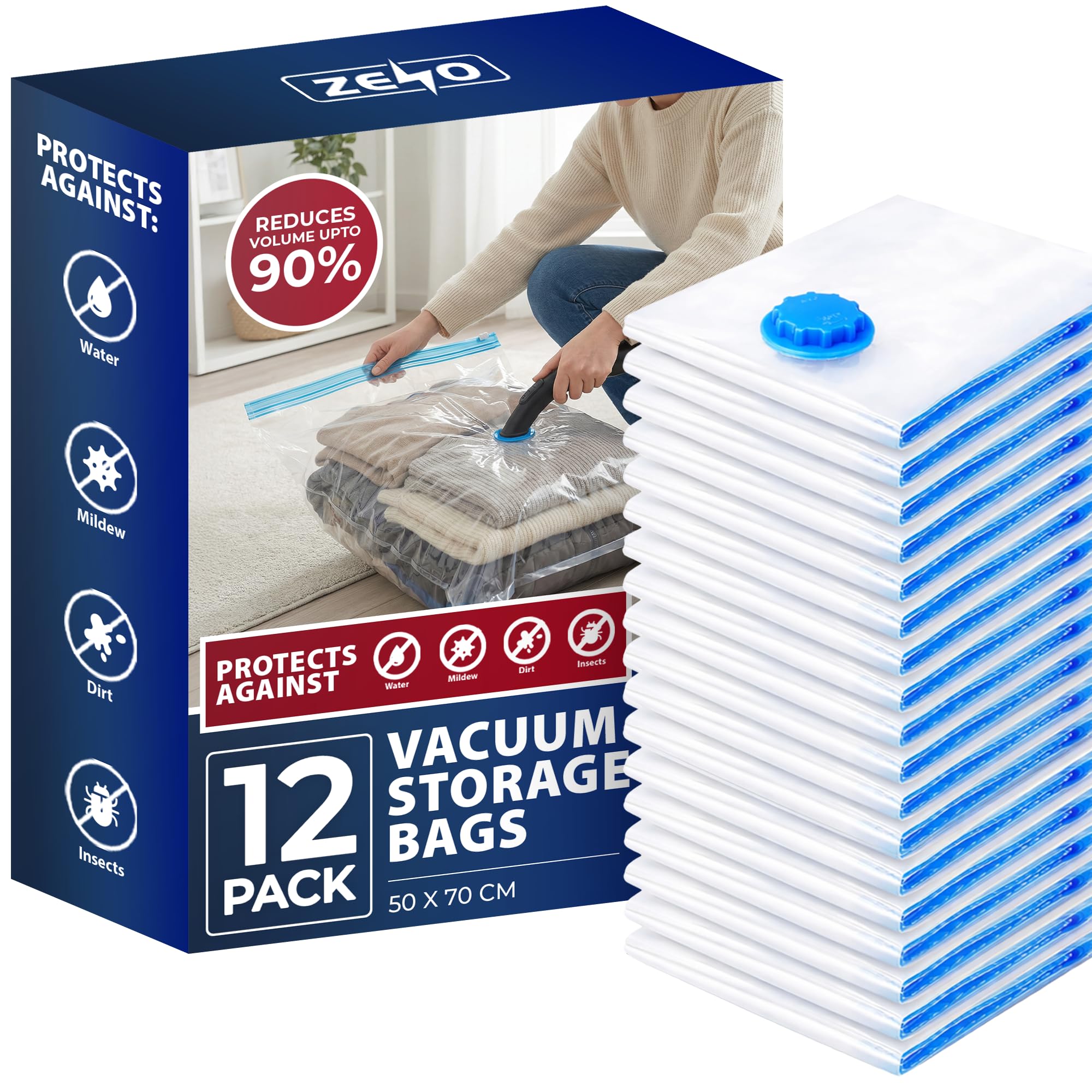 Right Pack Vacuum Storage Bags 12 Pack | Vacuum Storage Bags for Clothes | Airtight & Reusable Vacuum Bags | Space Saving Bags for Clothes, Pillows & More | Large 50 x 70 CM