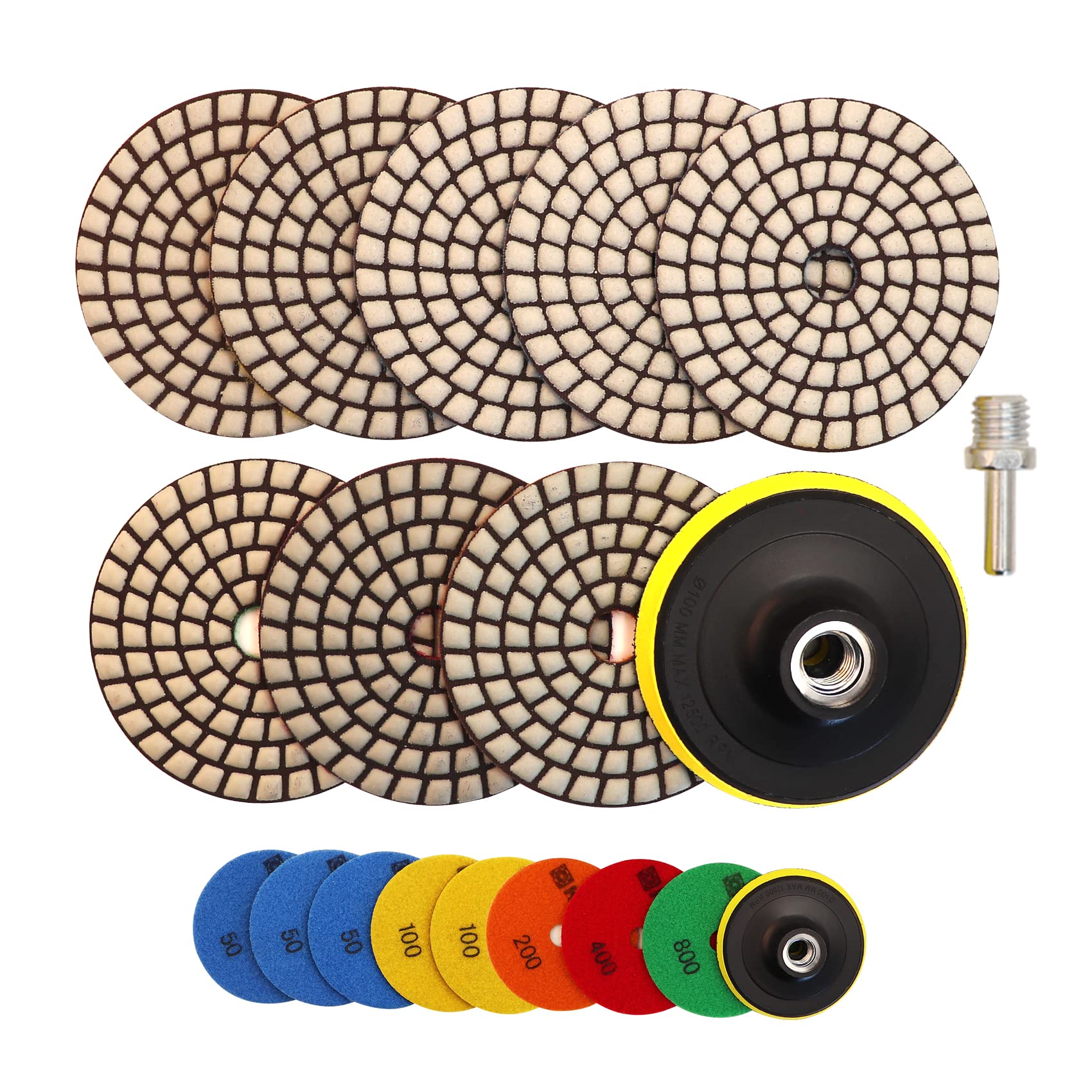 HIGHDRIL Dry Diamond Polishing Pad - 8PCS (#50x3/#100x2/#200/#400/#800) 100MM with Plastic Backer + M14 Adapter for Granite Stone Marble Floor Polish Pad Kit for Drill, Grinder, Polisher