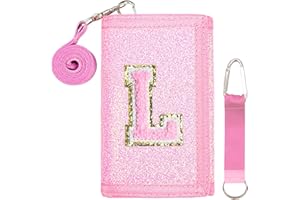 SiorVeol Kids Wallet Girls Trifold Initial Glitter Wallets with Zipper and Card Slots Including Neck Lanyard and Hanging Strap, Pink, L