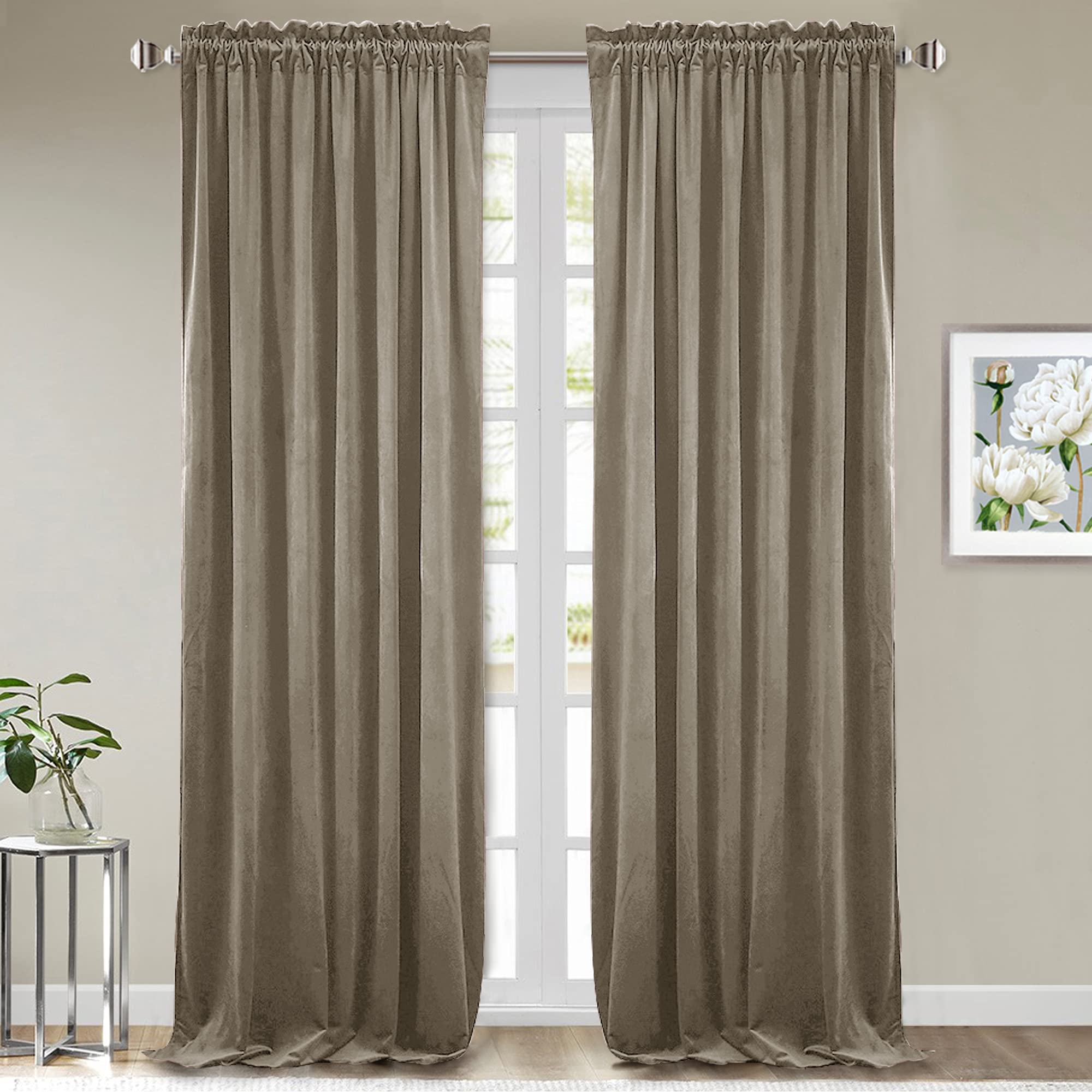 StangH Curtains 102 inches - Rod Pocket Camel Beige Velvet Room Darkening Window Curtains Thick Heavy Vertical Drapes for Elegant Home Decor, W52 x L102, 2 Panels Image