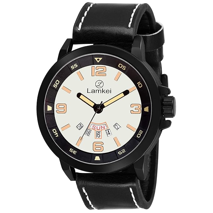 Lamkei Imported Day and Date Chronograph White Dial Black Leather Strap Mens Watch � LMK-0156