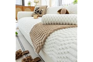 JPGGD Plush Warm Sofa Covers Washable, Funny Fuzzy Couch Cover for Dogs Washable, Non-slip Couch Covers for Sectional Sofas, Soft Sofa Slipcover for Pet & Kid(1PC, Beige White, 36"×94", Single Seater)