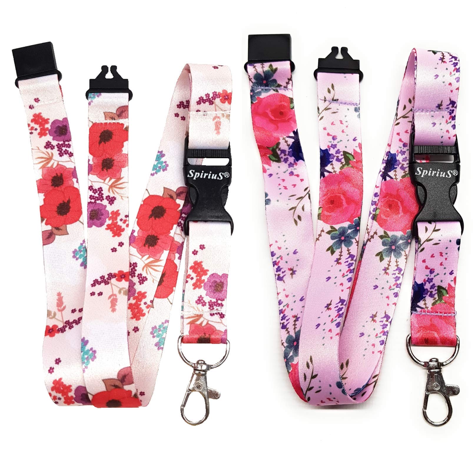 SpiriuS 2 X Keychain & Lanyard Neck Strap For ID Pass Card Badge Key Metal clasps (Poppies in white + Pink flowers)