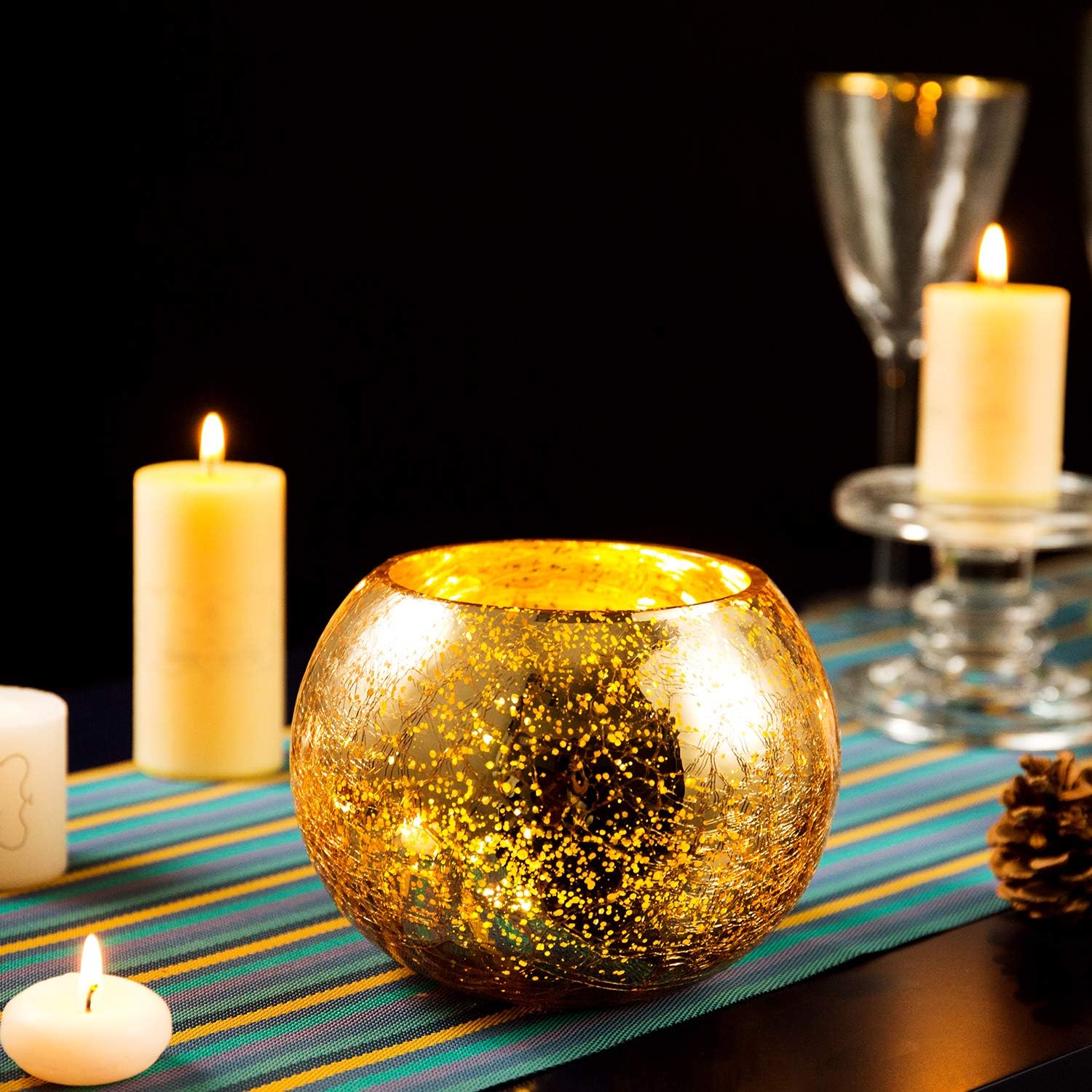 Diamond Star Votive Candle Holders Mercury Glass Tealight Candle Holder Ice Cracked Glass Bowl Candle Holder for Home Wedding Tables (Gold): Home & Kitchen