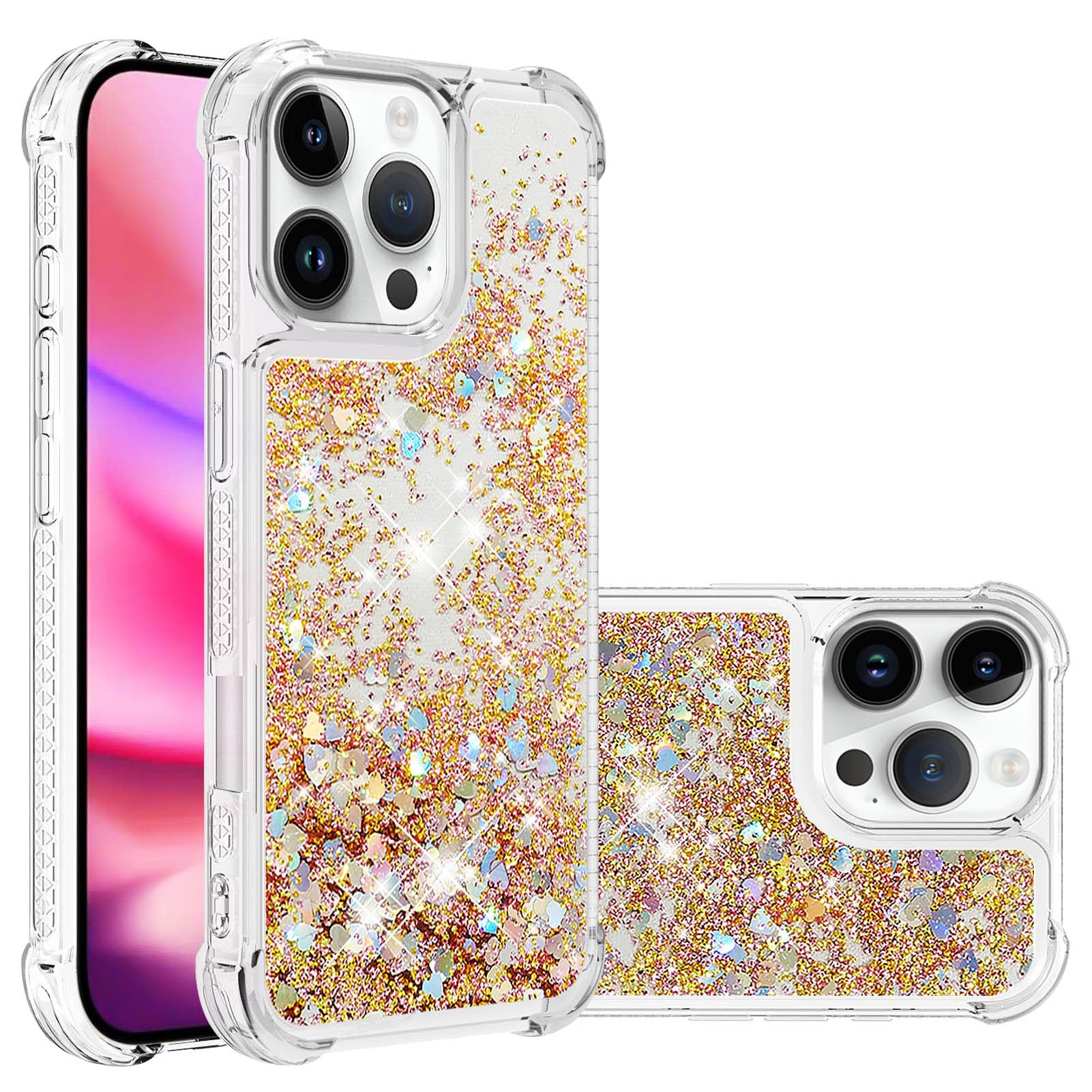 IMEIKONST Glitter Case for iPhone 16 Pro Max, Liquid Sparkle Quicksand Clear Transparent Sequin for Girls Women Slim TPU Bumper Silicone Shockproof Cover for iPhone 16 Pro Max. Love Gold YBW