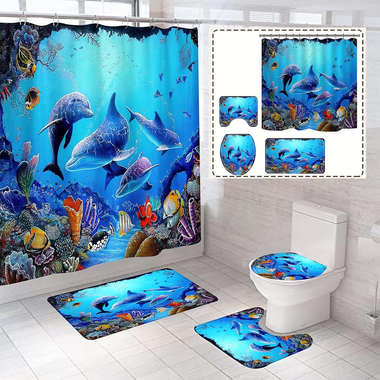 4 Pcs Dolphin Bathroom Decor Sets with Shower Curtain and Rugs and Accessories,Durable Waterproof Cute Blue Sea Ocean Fish Shower Curtains and Mat Set