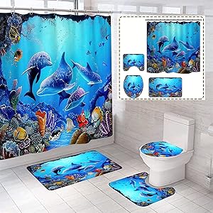 4 Pcs Dolphin Bathroom Decor Sets with Shower Curtain and Rugs and Accessories,Durable Waterproof Cute Blue Sea Ocean Fish Shower Curtains and Mat Set