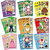 36 Sheets Mario Make a Face Stickers, Cartoon Book Crafts, DIY Party Supplies Favors Your Own Mixed and Matched with Different Designs Characters Birthday Gifts Class Reward Decor, Recommended Age 13
