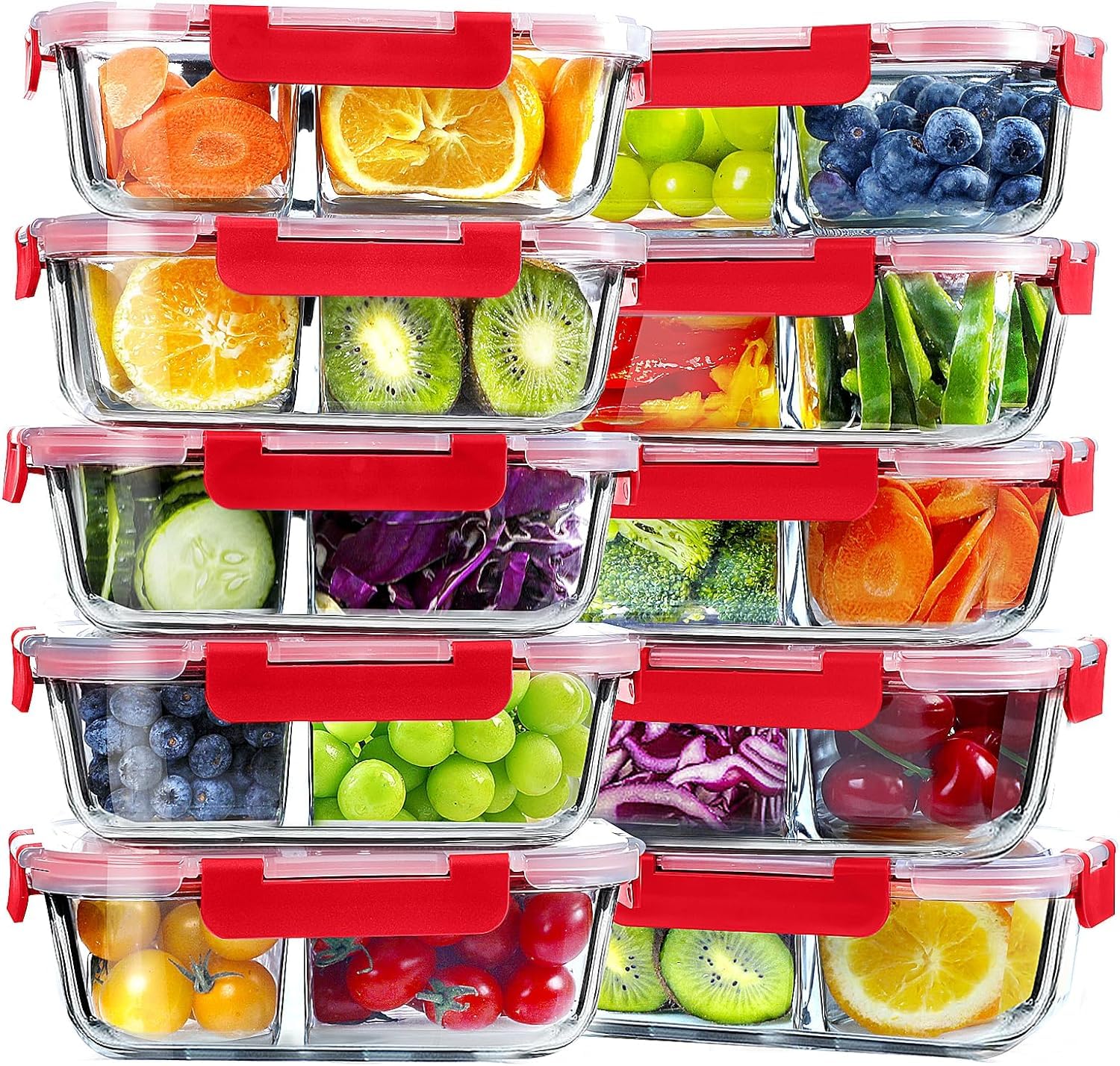 Photo 1 of VERONES 10 Pack Glass Meal Prep Containers 2 Compartment Set, 36OZ Airtight Glass Lunch Containers, Glass Food Storage Containers with Lids, for Microwave, Oven, Freezer & Dishwasher Friendly,Red