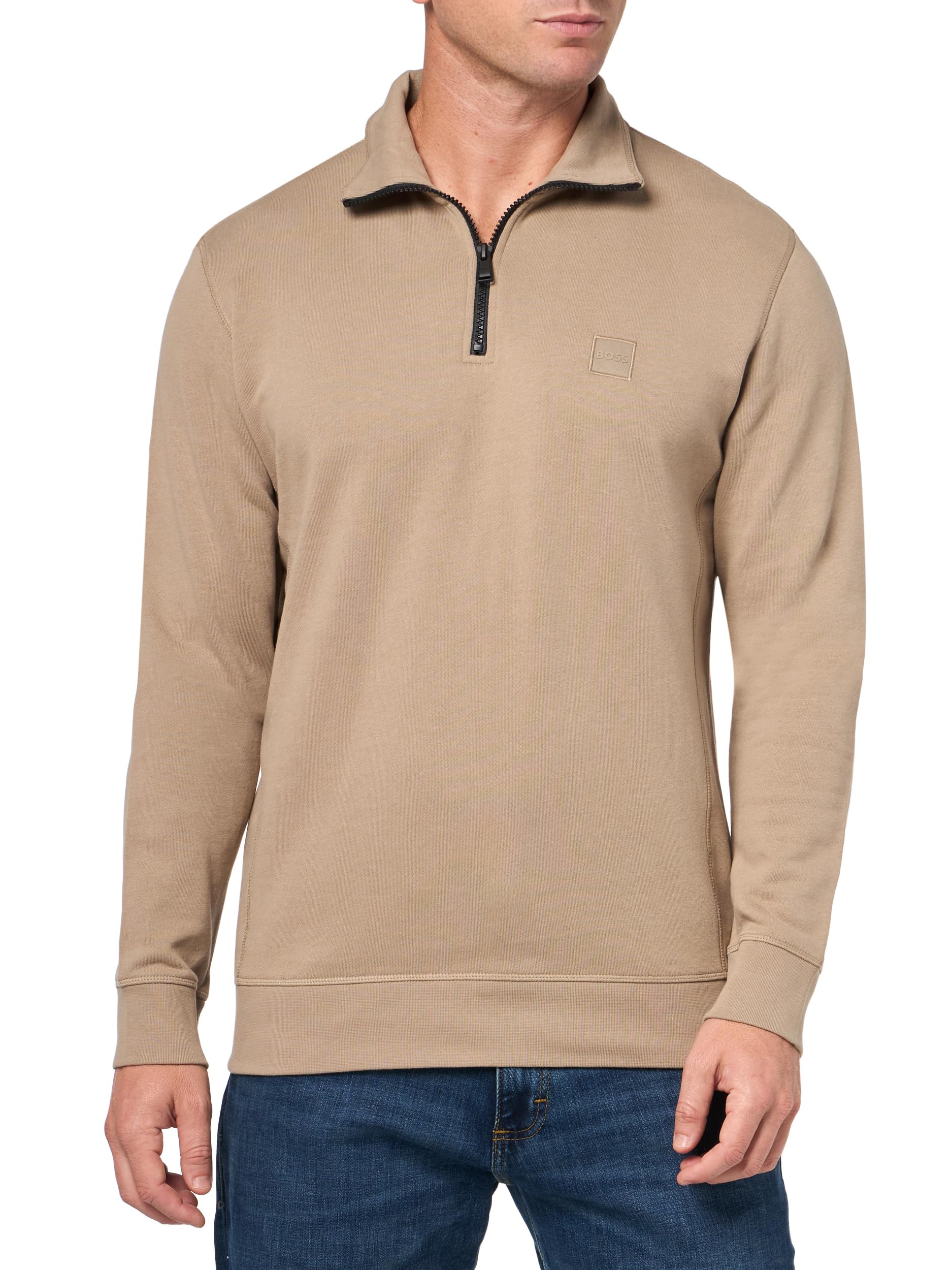 BOSS Patch Logo French Terry Quarter Zip Up Sweatshirt,sandy dunes,XXL