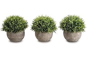 Opps Mini Artificial Plants Plastic Fake Green Grass Topiary Shrubs with Gray Pot for Home Décor – Set of 3