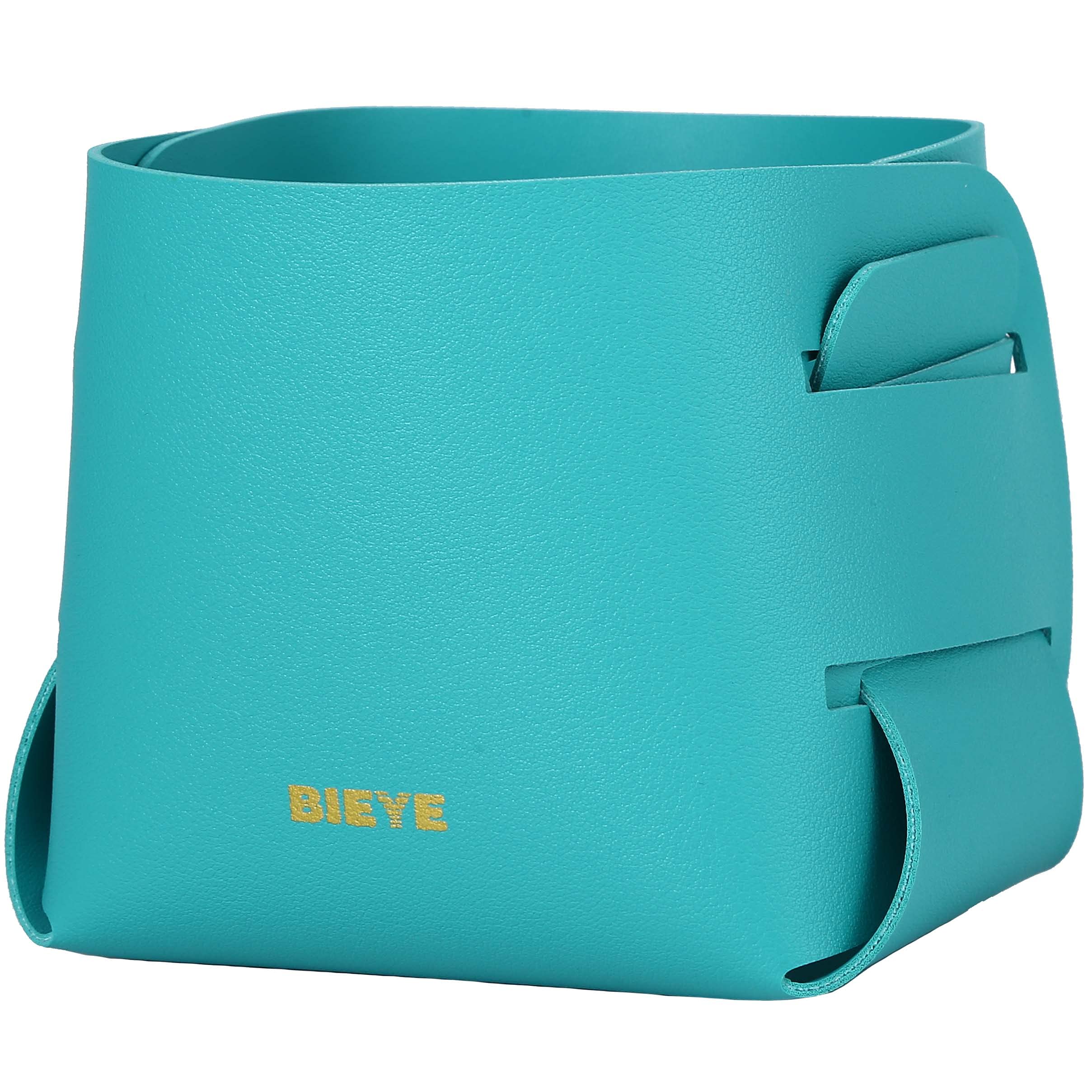 Bieye LSB002 Collapsible Leather Storage Bin Decorative Desk Organizer for Jewelry Makeup Pen Pencil Glasses Remote Controller Storage (4x4x4 inch, Turquoise)