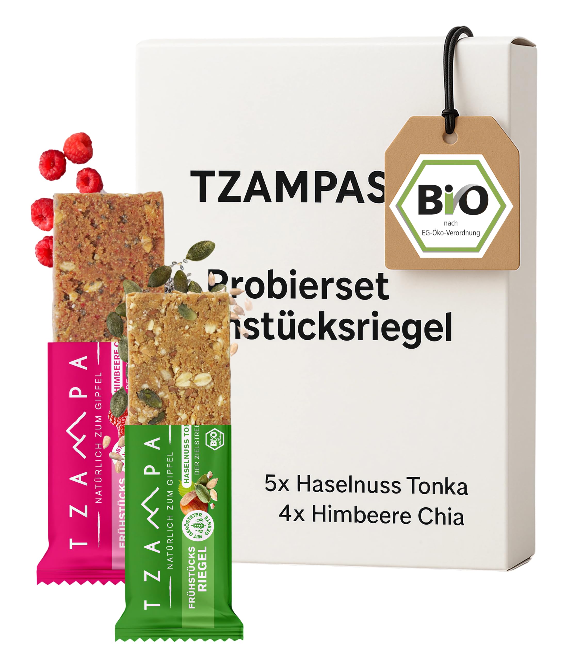 TZAMPAS Müsliriegel BIO 9x70g · Frühstücksriegel Clean Eating · Superfood Riegel · Sportlernahrung & Notfallnahrung · Try-Me Probierset