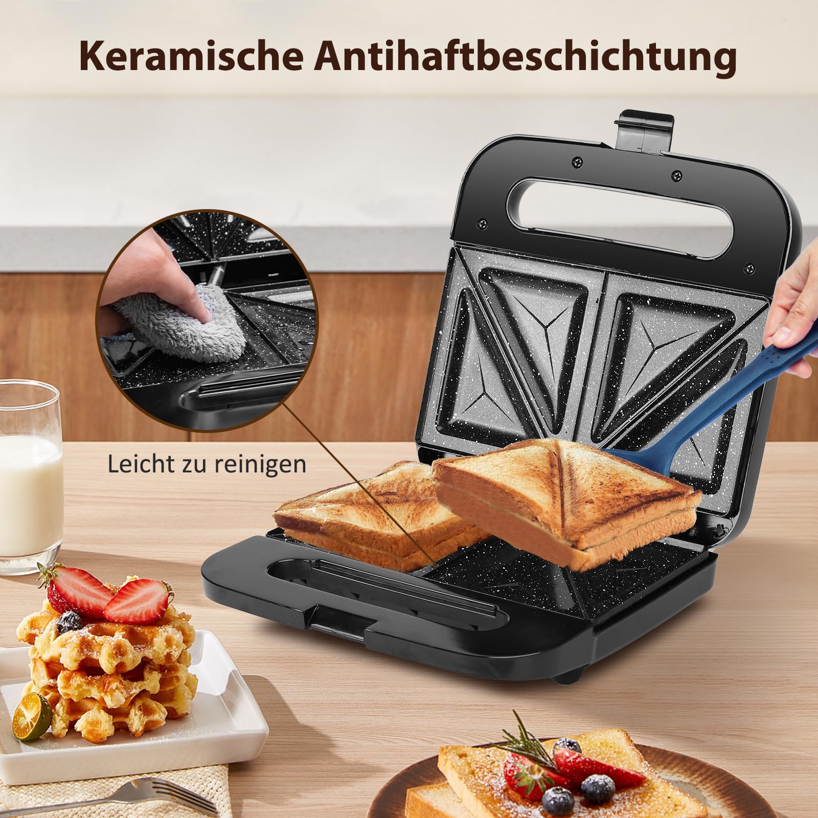 Aigostar Sandwichmaker für 2 Sandwiches, Sandwichtoaster mit Antihaft-Keramikbeschichtung, automatische Temperaturregelung 180-200℃, Kontrollleuchten, Cool-Touch-Griff, 750W, Edelstahl/Schwarz 3