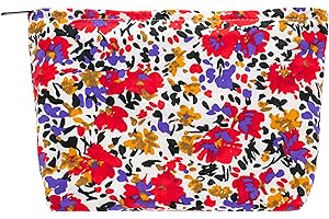 PAZIMIIK Floral Makeup Bag Large Cotton Zipper Pouch for Purse Travel Canvas Make Up Organizer for Women Cosmetic,Flower Red