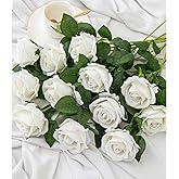 Hawesome 12PCS Artificial Flowers Fake Roses, Realistic Velvet Long Stem Red Roses Bouquet for Wedding Centerpiece Home Decor Party & Valentines (White)