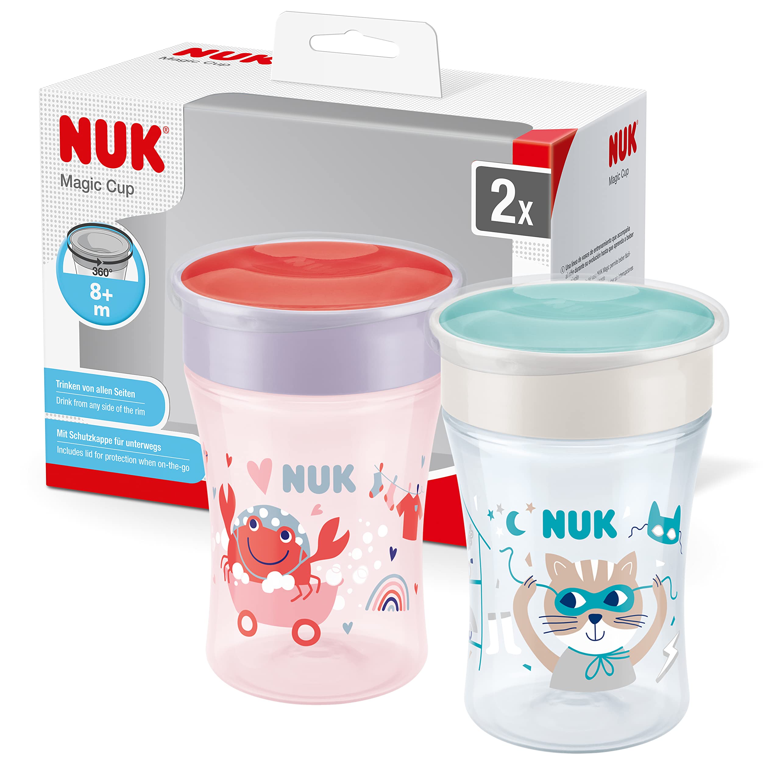 NUK Magic Cup Training Cup | 8+ Months | 230 ml | Leak-Proof 360° Drinking Rim | BPA Free | Red | Pack of 2