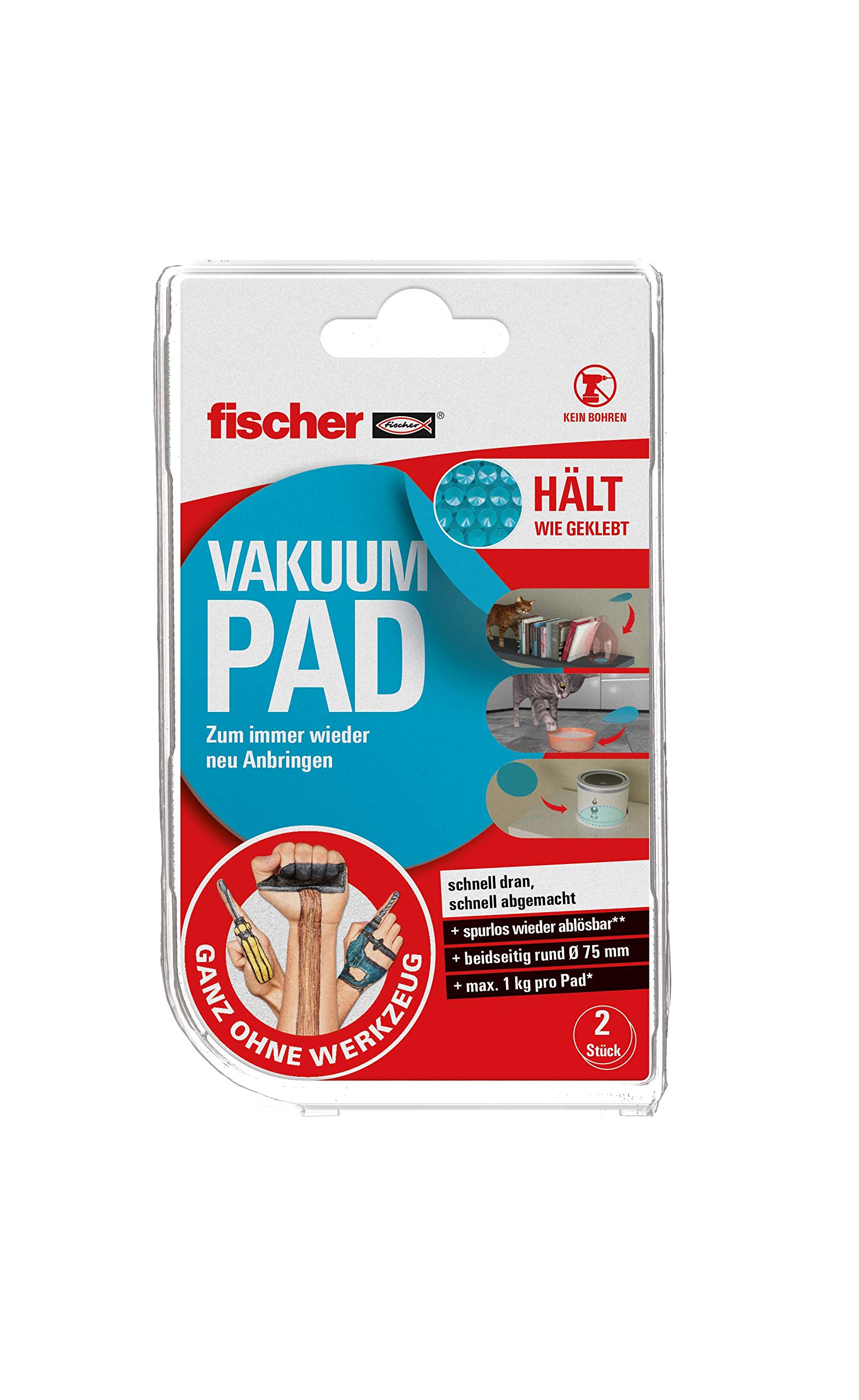 fischer Vacuum Pad Round Adhesive Pad in Blue Non-Slip Mat for Attaching No Drilling The Better Suction Cup Extremely Strong Hold Pack of 2