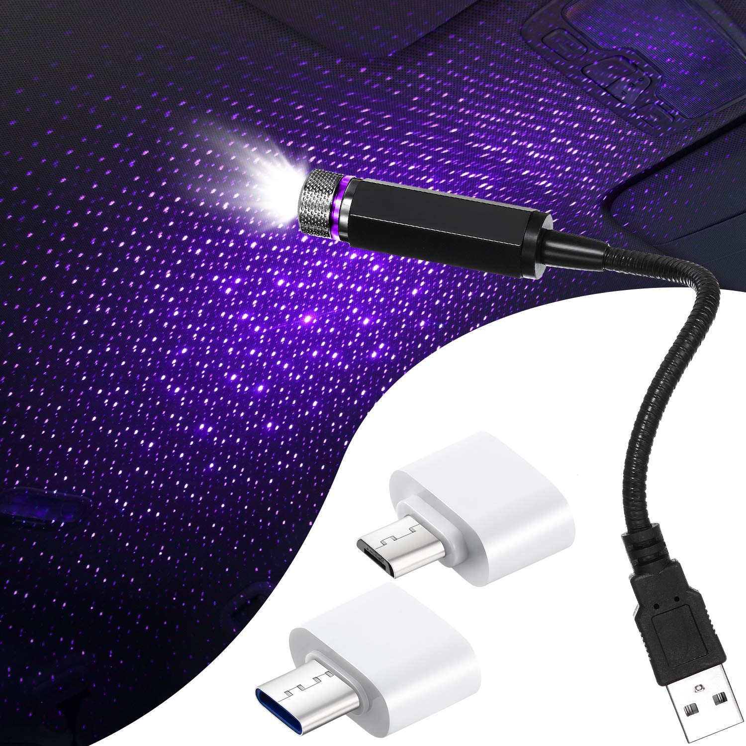 USB Romantic Star Light, Star Projection USB Night Light, Bendable Portable Atmosphere Light with Adjustable Angle for Cars Houses Party Ceiling Decoration (Blue Purple)