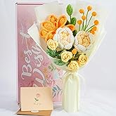 LAIDANLA Crochet Flower Bouquet Yellow Roses and Tulip Bouquet for Her, Handmade Crocheted Flowers Appreciation Graduation Anniversary Birthday Gifts for Women Wife Teacher Girlfriend Mom