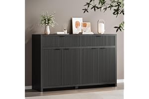 BOONATU Fluted Sideboard Buffet Cabinet with Storage Drawers, 55" Large Accent Storage Cabinet with Doors and Adjustable Shelf, Modern Farmhouse Credenza for Entryway, Kitchen, Living Room - Black