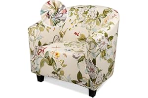 Treaful Club Chair Slipcovers, 1 Piece Stretch Beige/Green Club Chair Cover with Arms, Round Soft Armchair Sofa Cover Removable Couch Furniture Protector for Bar Living Room Bedroom Hotel Counter