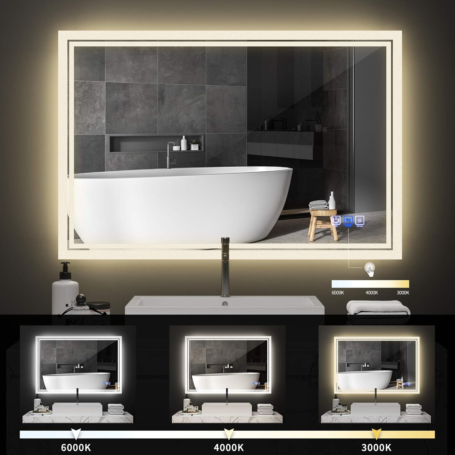 ANTEN 36x24 Inch Backlit Bathroom LED Mirror, Wall Mounted Bathroom Mirrors with LED Light, Horizontal/Vertical Anti-Fog Makeup Mirror: Home & Kitchen