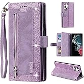 UEEBAI Wallet Case for Samsung Galaxy S25 Ultra 5G, 9 Card Holder Slots Zipper Pocket Handbag Case Magnetic Closure Kickstand with Wrist Strap TPU Shockproof Flip Case for Women - Glitter Purple