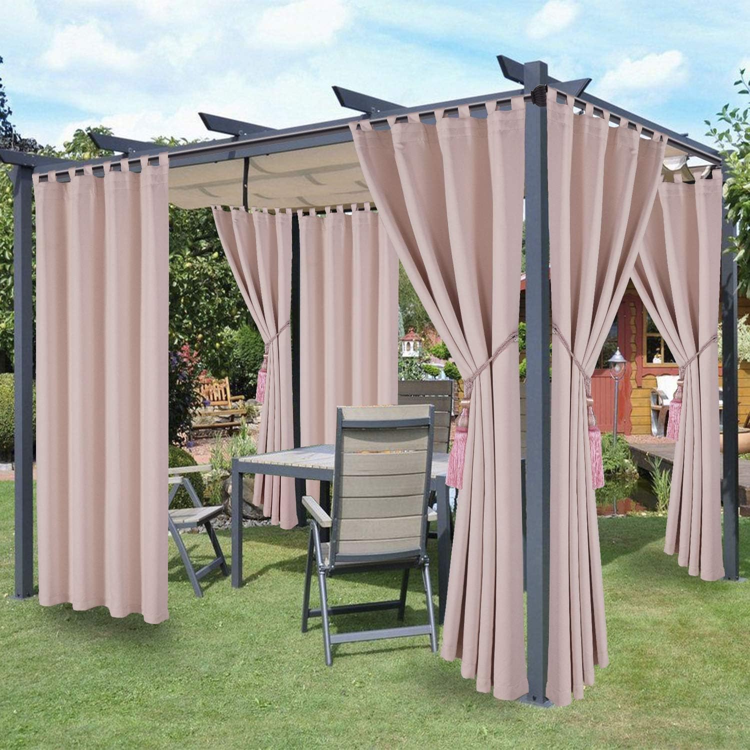 Outdoor Curtains - LORDTEX Waterproof Indoor/Outdoor Curtains for Patio - Thermal Insulated, Sun Blocking Detachable Sticky Tab Top Blackout Curtains for Bedroom, Porch, Pergola, Cabana, 52 x 108 inch, 2 Panels, Blush