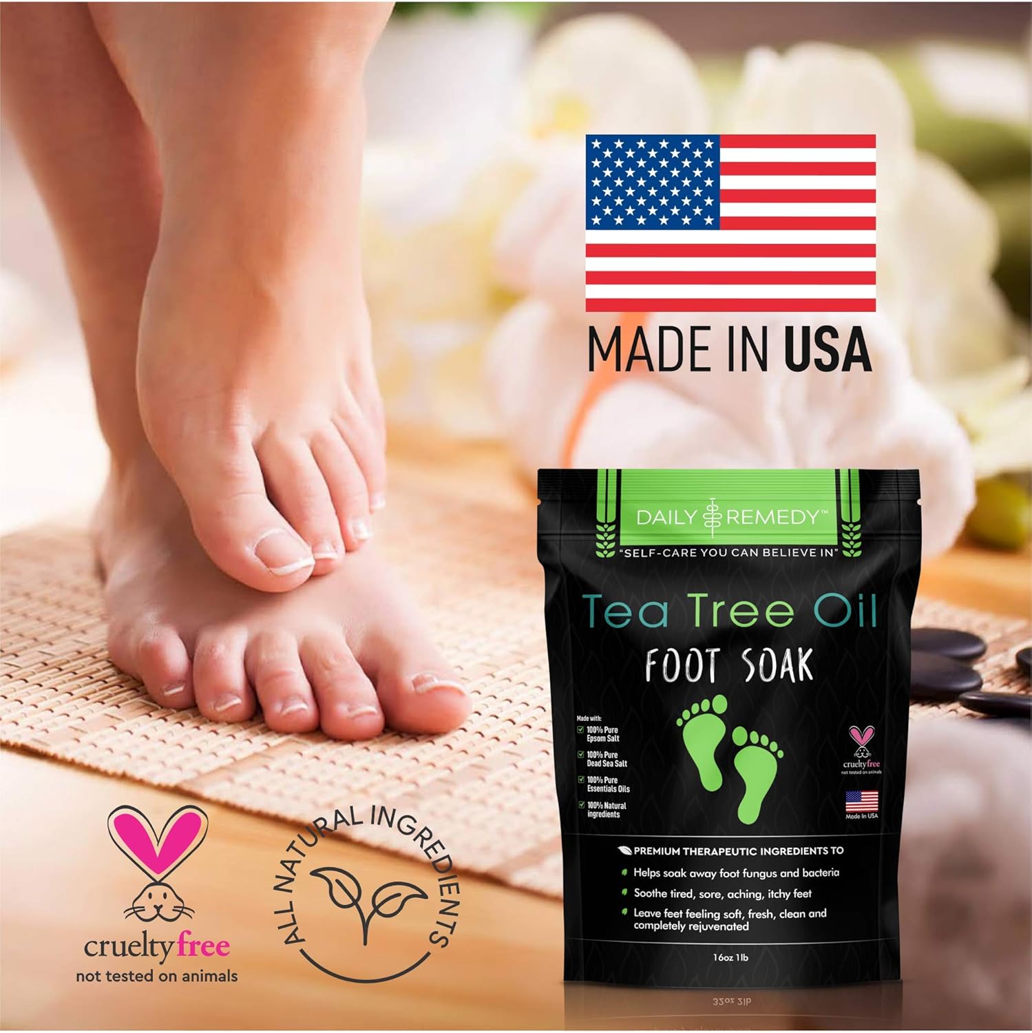 Tea Tree Oil Foot Soak with Epsom Salt - Made in USA - for Toenail Fungus, Athletes Foot, Stubborn Foot Odor Scent, Fungal, Softens Calluses & Soothes Sore Tired Feet: Beauty