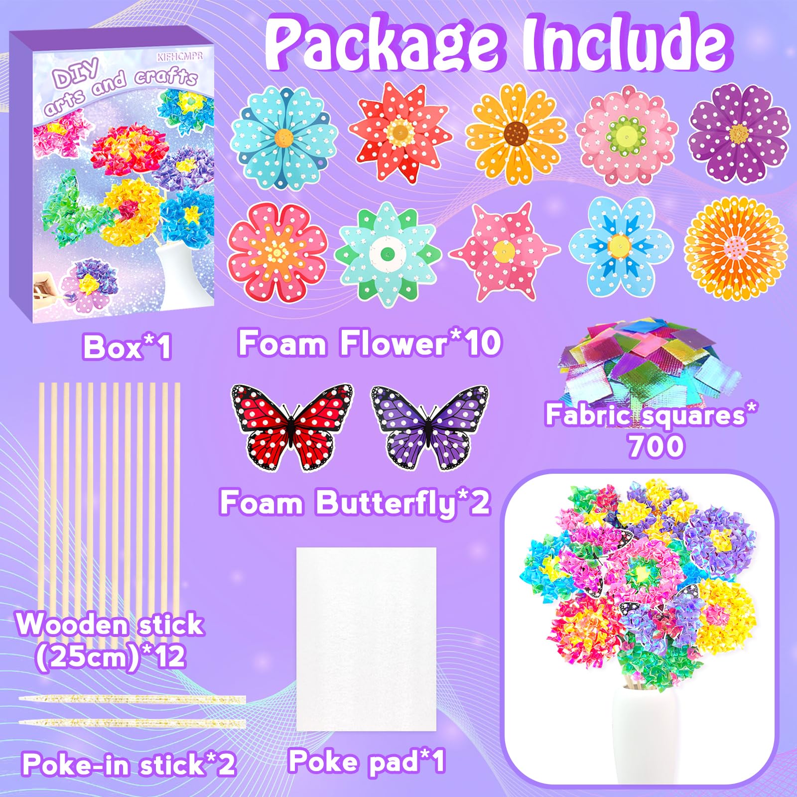 Poke Art Bastelset Kinder ab 4 Jahre,DIY-Einschulung Geschenke für Mädchen Spielzeug 5-12Jahre Kindergeburtstag Kunstblumenstrauß Blumen Bastelkoffer Blumenstrauß mit Pailletten Kreativ Set für Kinder 2