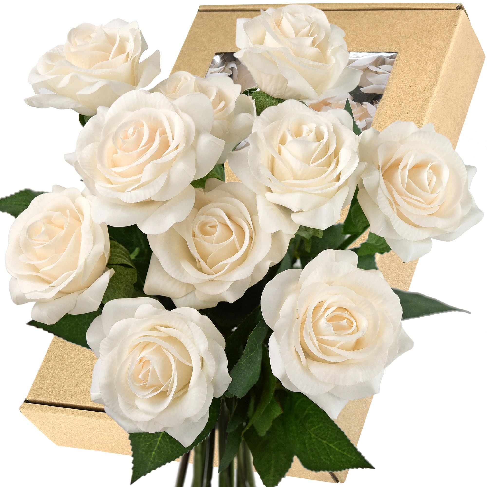 FiveSeasonStuff 10 Stems Real Touch Roses Artificial Flower Silk Roses ‘Petals Feel and Look like Fresh Roses' Bouquet of Flowers Floral Arrangements (Light Champagne)