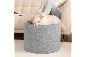 Hansleep Round Pouf Ottoman Foot Rest, 17 x 14 Small Faux Fur Stuffed Pouf for Chair, Foam Filled Foot Stools Ottomans for Living Room, Grey