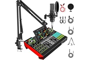 NECULOGY Podcast Equipment Bundle with 3.5mm P15 Condenser Microphone for Pc/Phone Live Streaming Singing Gaming, Podcast Microphone Bundle with Live Sound Board Audio Mixer,Voice Changer, Denoise,DJ Sets
