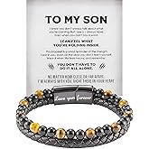 BlingNook The Guardian - Son's Tiger Eye Protection Bracelet From Mom, Love You Forever Linked Together To My Son Leather Black Beads Engraved Cuff Bangle Birthday Jewelry Gift Card