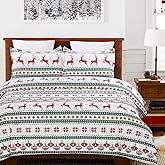 Vaulia Christmas Duvet Cover Queen, Microfiber Snowflake Reindeer Printed Winter Bedding Set Holiday Decor with 1 Duvet Cover and 2 Pillow Shams, Red Green Color