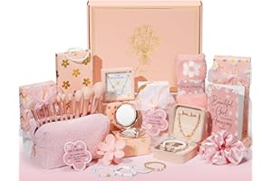 QINLINE Christmas Gifts for Tween & Teen Girls - 8 PCS Birthday Gifts Basket Teen Girls Trendy Stuff w/ Fun Task Tags Make up Brushes & Bag, Empower Advent Calendar Wrapped Gifts Box for Daughter Niece Sister