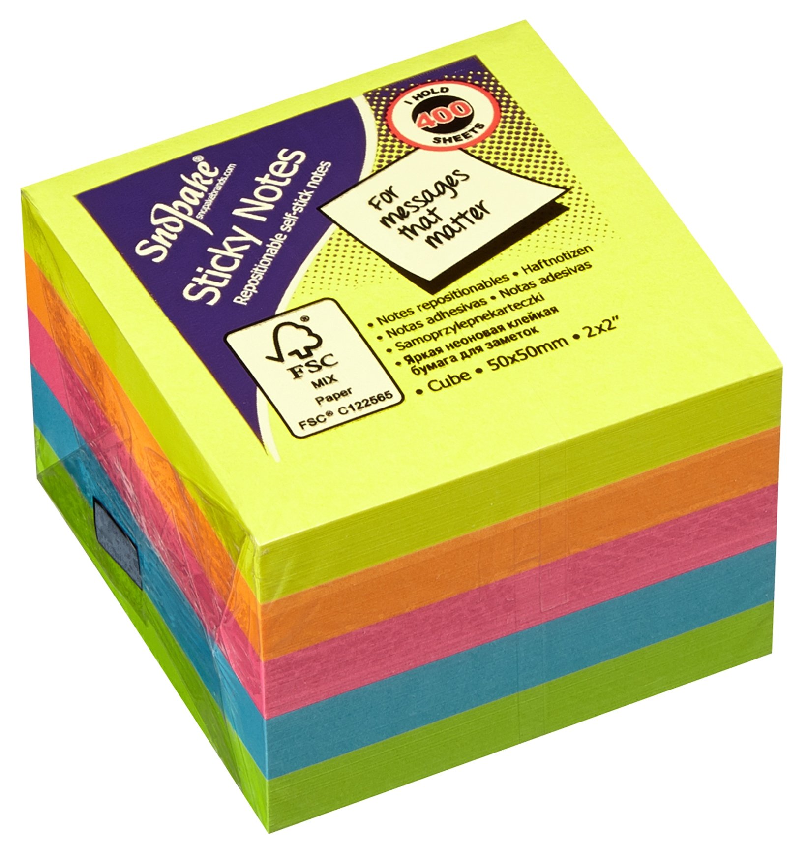 Snopake 50 x 50 mm Neon Assorted Sticky Notes [Pack of 24, 400 Sheets per Pad] 13223