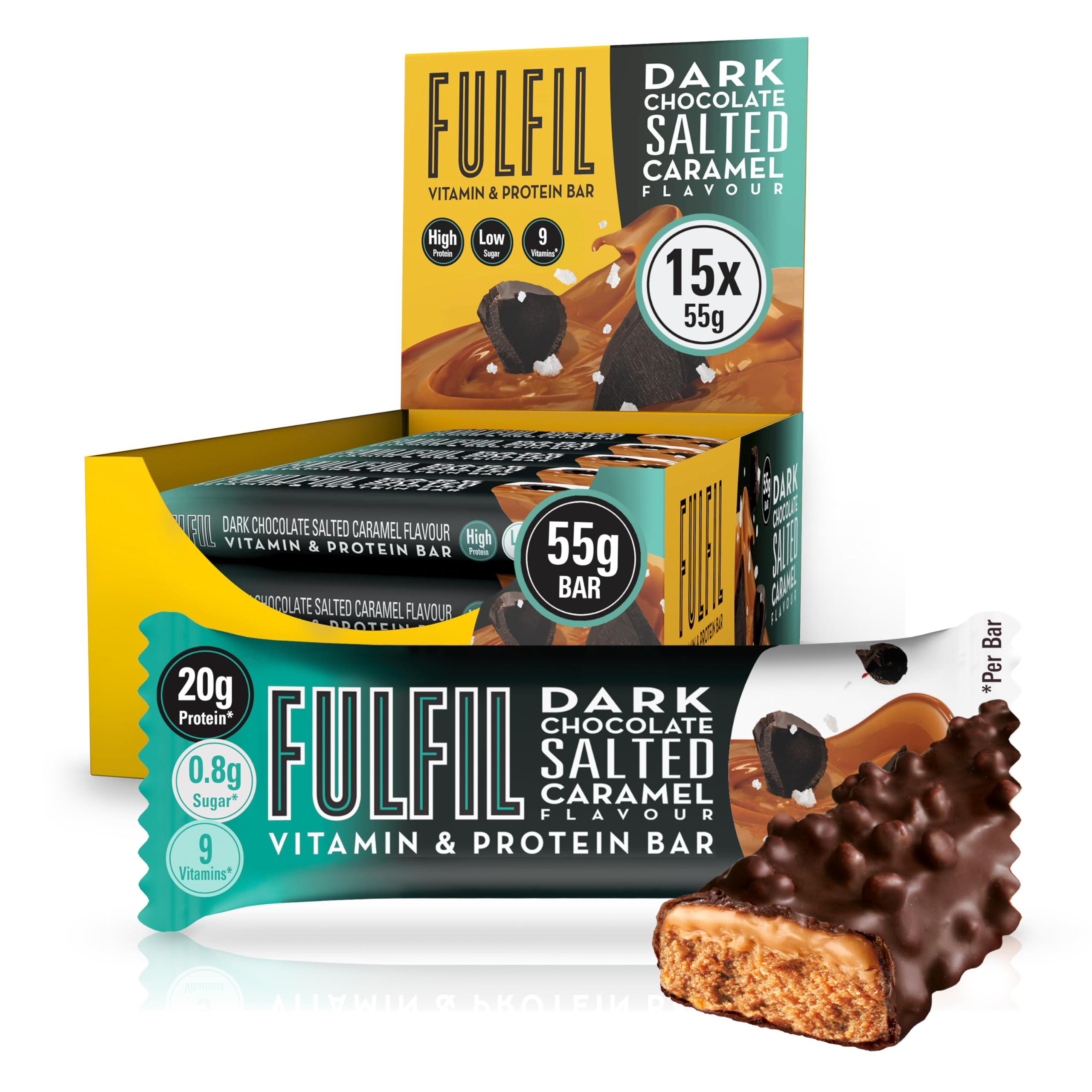 FULFIL Vitamin and Protein Bars (15 x 55 g Bars) — Dark Chocolate Salted Caramel Flavour — 20 g High Protein, 9 Vitamins, Low Sugar