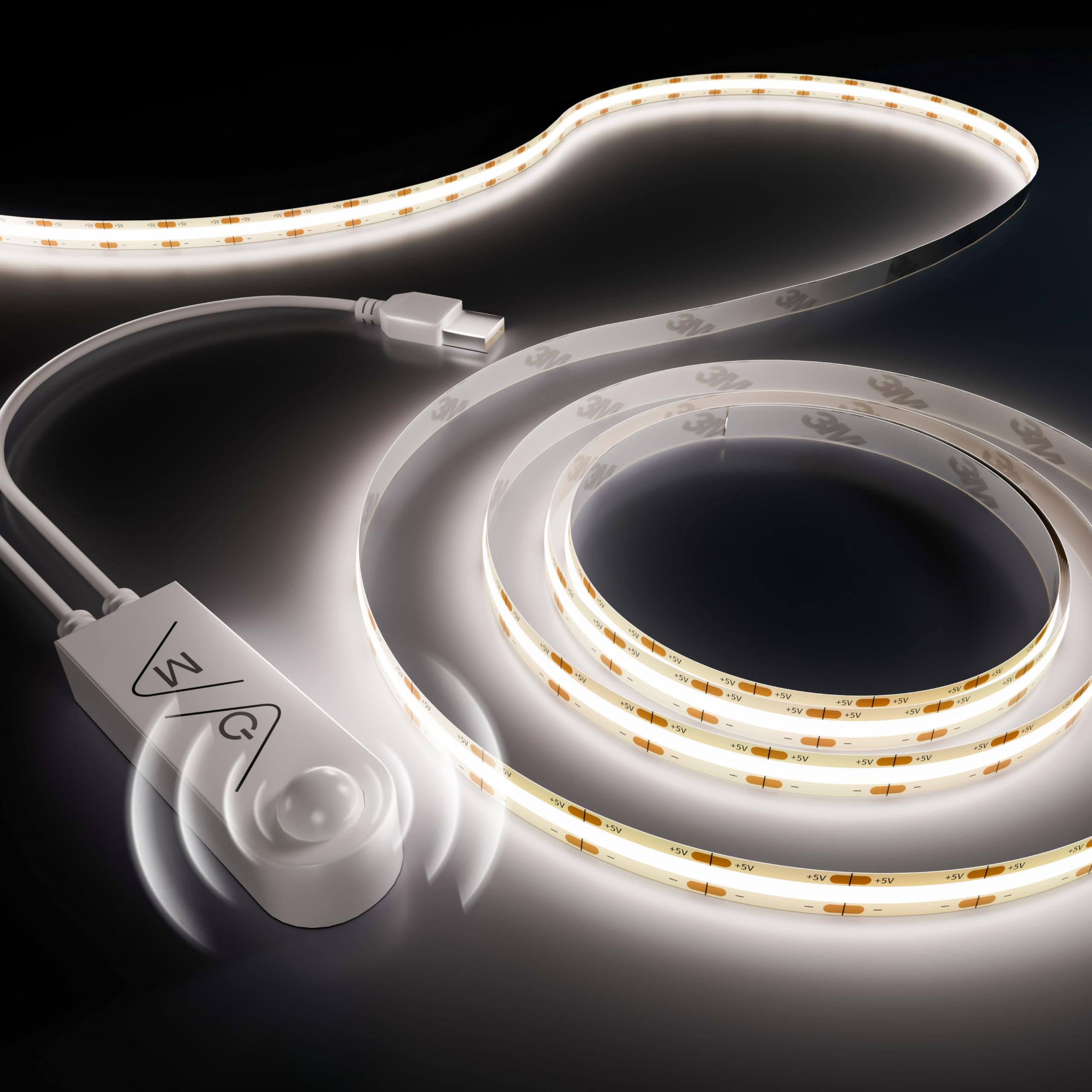 PAUTIX Motion Sensor USB COB LED Strip 2M Daylight White 6000K, 5V Movement Activated Auto ON/Off LED Tape, Dimmable 640LEDs Bright Lights, PIR Sensing LED Strips for Stairs, Under Bed, Mirror,Cabinet