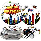 200Pcs Super Theme Hero Party Supplies White Comic Hero Plates and Napkins Hero's Action Sign Cityscape Tableware Sets for Kids Baby Shower Hero Spider themed Party Decorations Favors Serve 24