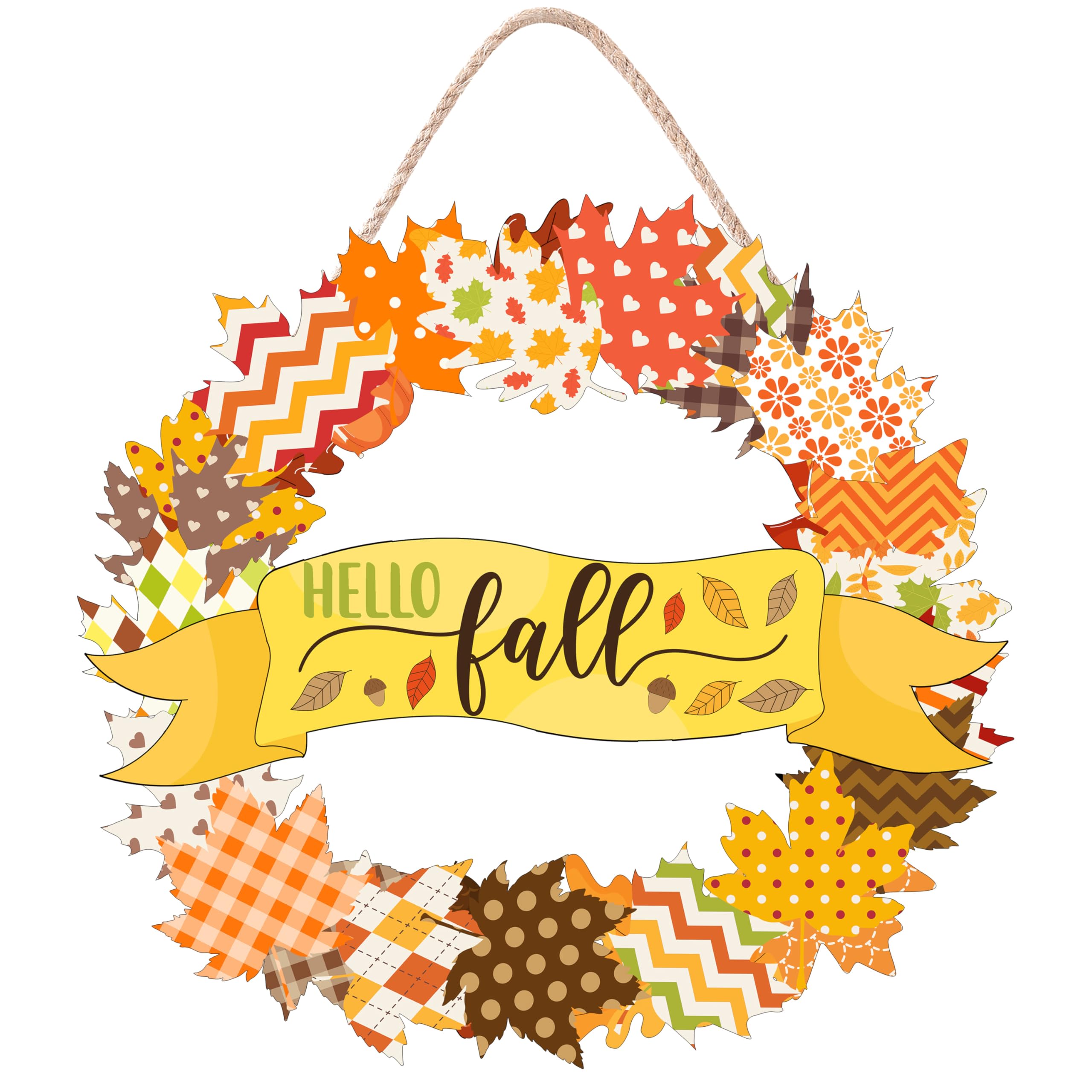 Photo 1 of CYNOSA Fall Door Sign Fall Decorations for Home Hello Fall Maple Leaves Wreath Fall Autumn Hanging Wood Sign Home Wall Decor